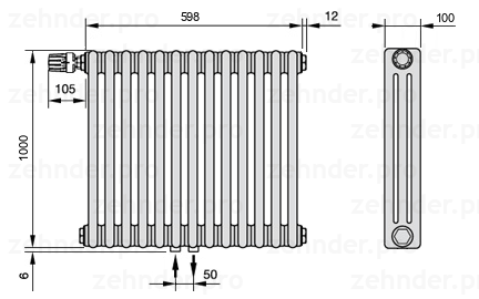 Схема (чертеж) Радиатор Zehnder Charleston 3100/13 №V007 Белый глянцевый RAL 9016